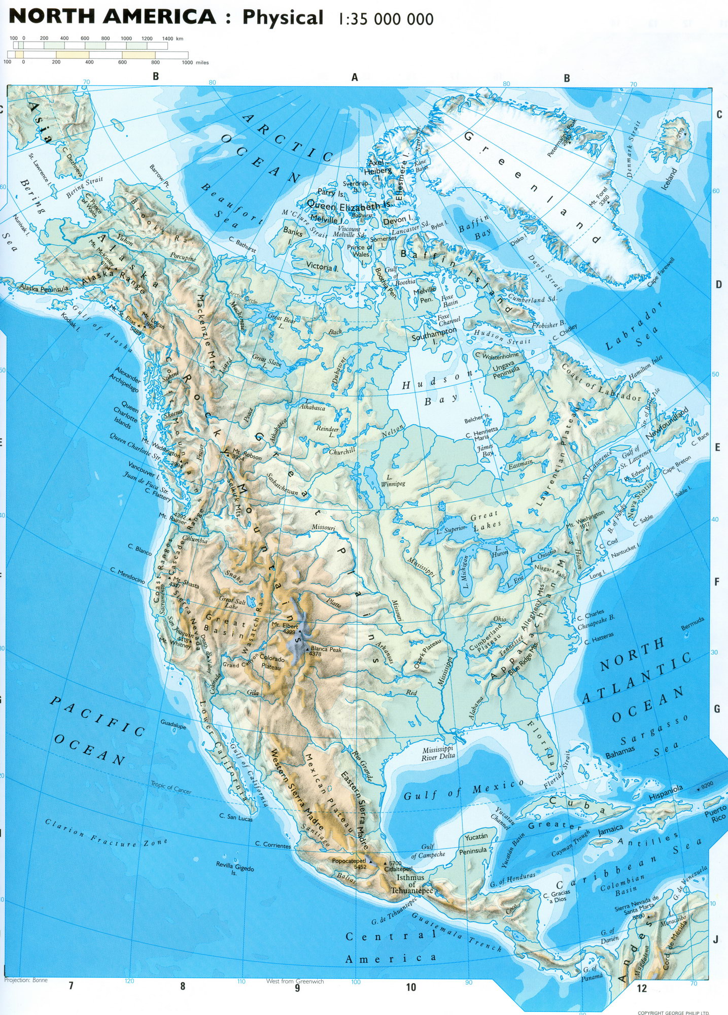 Физическая карта Северной Америки. Большая физическая карта Северной Америки масштаба 1см:350км. Подробная физическая карта Северной Америки на английском языке, A0 - 